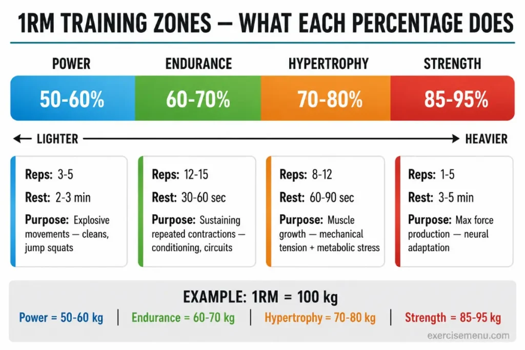 Horizontal spectrum infographic showing four 1RM training zones from light to heavy — power at 50-60 percent for 3-5 explosive reps, endurance at 60-70 percent for 12-15 reps, hypertrophy at 70-80 percent for 8-12 reps, and strength at 85-95 percent for 1-5 reps, with rest periods and a practical example using a 100 kg one rep max.