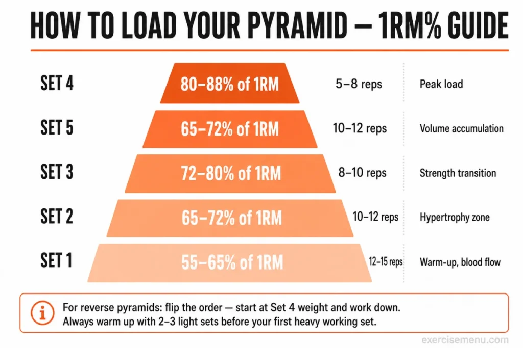 Infographic showing 1RM percentage loading guide for pyramid sets — Set 1 at 55-65% for 12-15 reps, Set 2 at 65-72% for 10-12 reps, Set 3 at 72-80% for 8-10 reps, Set 4 peak at 80-88% for 5-8 reps, and Set 5 descending at 65-72% for 10-12 reps, all arranged in a visual pyramid shape.