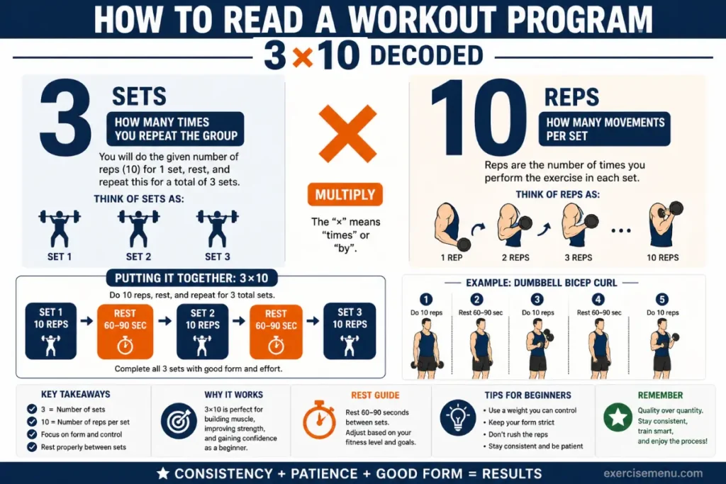 What 3x10 means in a workout — 3 sets on the left, 10 reps on the right, with rest period arrow shown between two sets