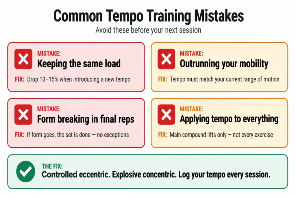 Four common tempo training mistakes infographic: keeping same load, outrunning mobility, letting form break, and applying tempo to every exercise