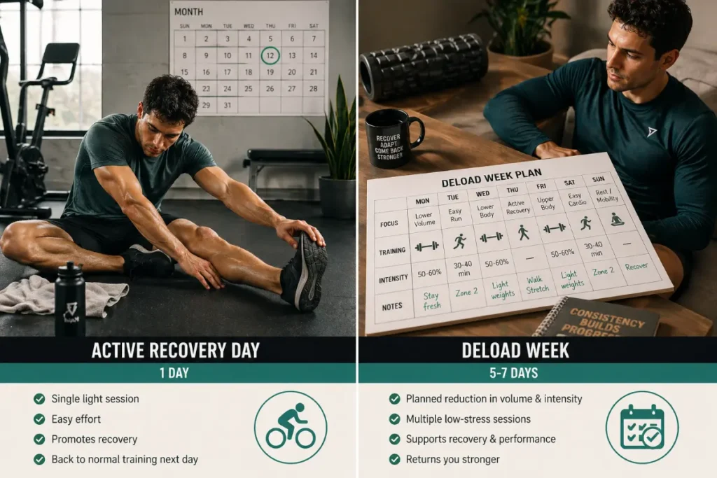 Active recovery is a single lighter day between hard sessions. A deload is a structured 5–7 day reduction block.