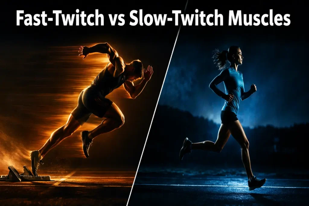 Split image showing a sprinter representing fast-twitch muscles on the left and an endurance runner representing slow-twitch muscles on the right, illustrating how genetics affect muscle fiber type and rep range