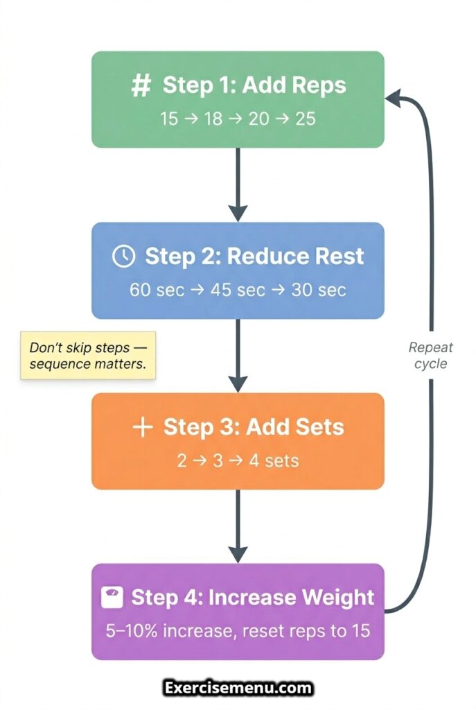 4-step muscular endurance progression flowchart showing Add Reps, Reduce Rest, Add Sets, and Increase Weight in a repeating cycle.