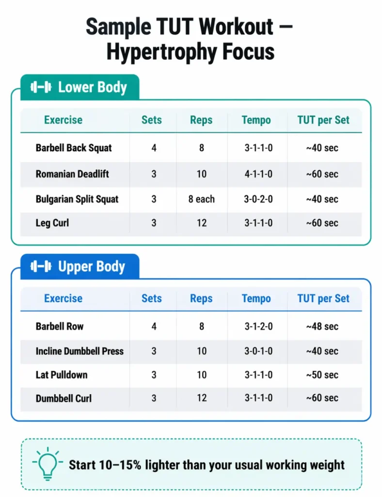 Sample time under tension workout plan showing exercises, sets, reps, tempo codes, and TUT per set for lower and upper body hypertrophy training