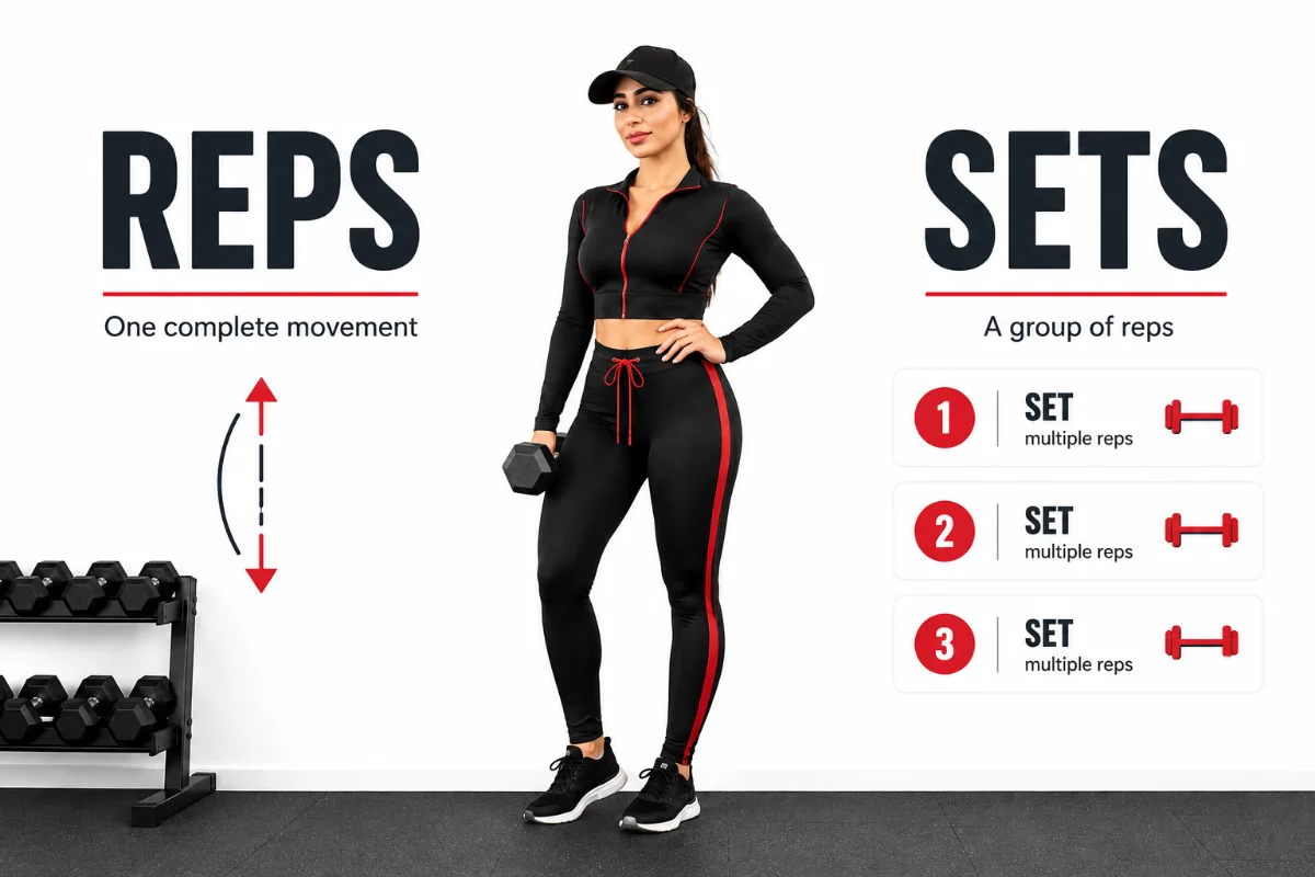 Fitness infographic explaining the difference between reps and sets, featuring a woman in black and red workout clothes holding a dumbbell between bold “REPS” and “SETS” instructional text blocks.