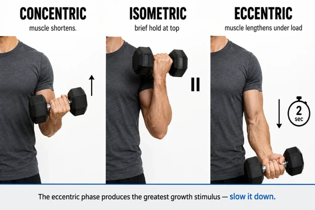 Three-panel fitness infographic showing a woman demonstrating the concentric, isometric, and eccentric phases of a dumbbell bicep curl with instructional labels and movement cues.