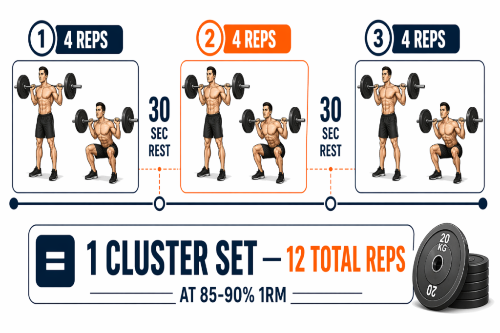 Cluster set diagram showing 4 reps, 30 second rest, 4 reps, 30 second rest, 4 reps structure for heavy strength training at 85 to 90 percent 1RM