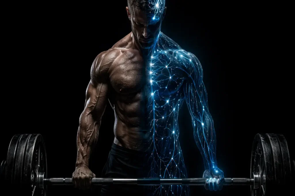 Half athlete half neural diagram illustration showing central nervous system activation during strength training