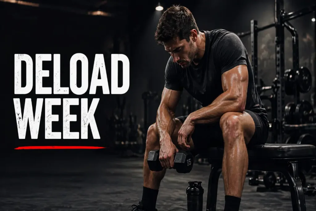 A fatigued athlete sitting on a gym bench holding a dumbbell, representing the concept of a deload week in strength training