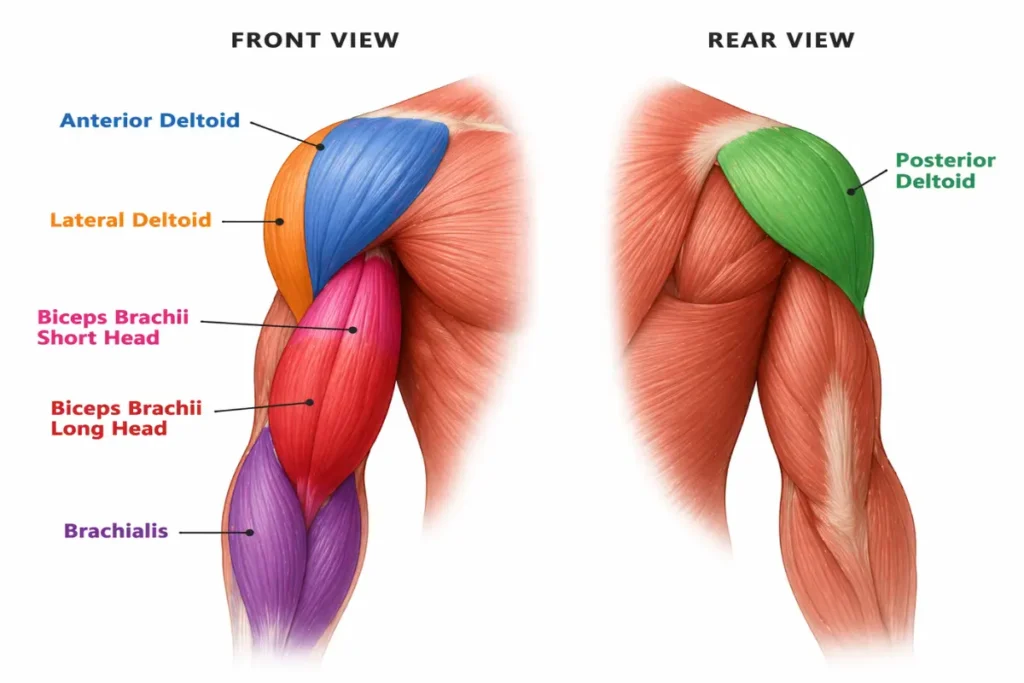 Labeled anatomy diagram showing three deltoid heads and biceps muscles