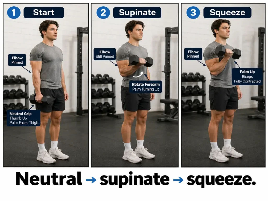 Dumbbell curl three-stage sequence showing neutral grip supination and peak contraction