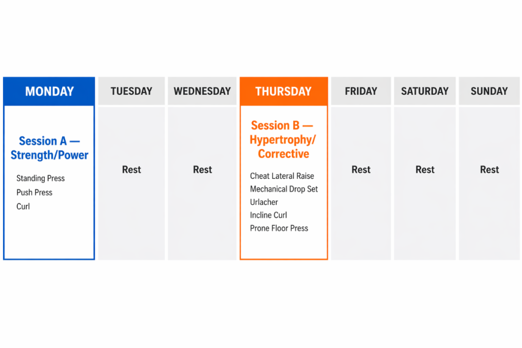 Weekly dumbbell shoulder and biceps training schedule calendar for intermediate lifters