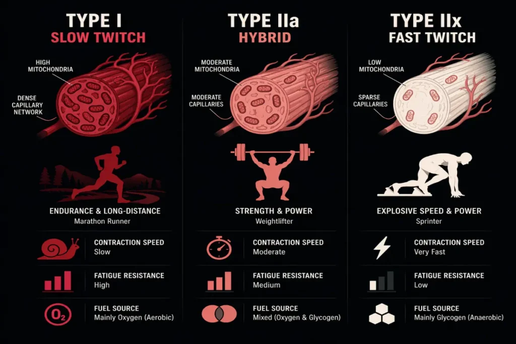 Infographic comparing three muscle fiber types — Type I slow-twitch, Type IIa hybrid fast-twitch, and Type IIx pure fast-twitch — showing differences in contraction speed, fatigue resistance, and fuel source