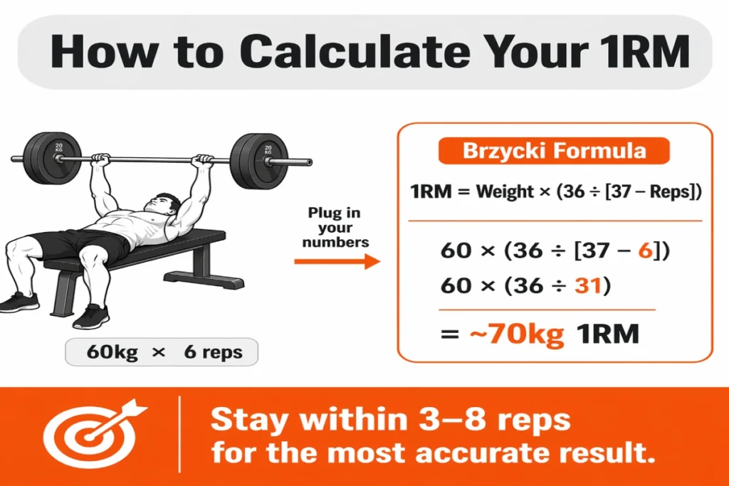 Brzycki formula diagram showing how to calculate one rep max from a set of 3 to 8 reps using bench press example of 60kg for 6 reps equalling 70kg 1RM