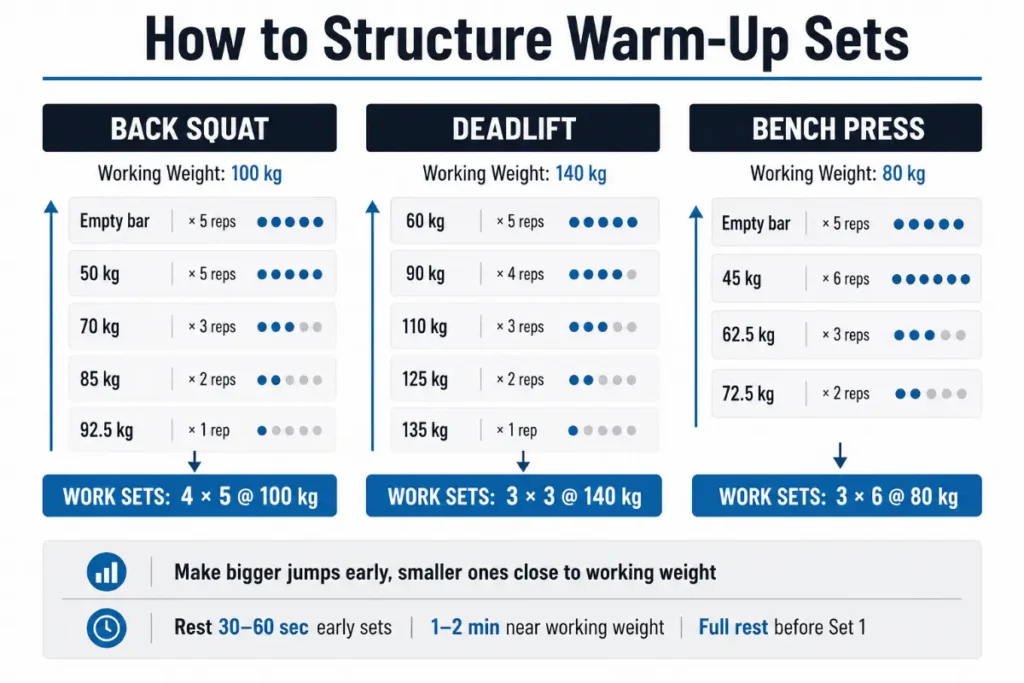Warm-up set progression chart for back squat, deadlift, and bench press showing weight increases, rep decreases, and transition into work sets.