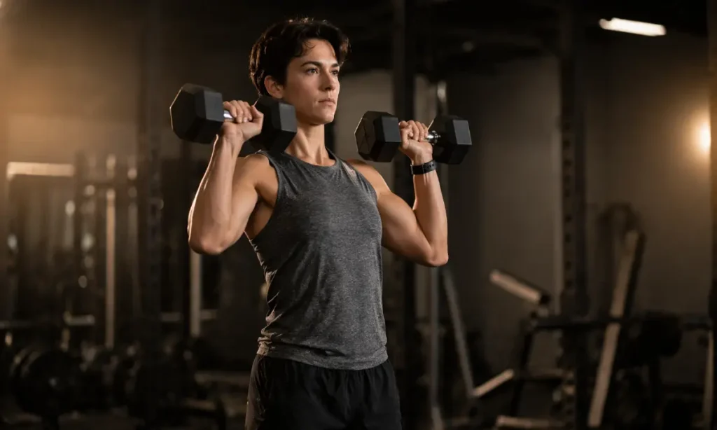 Person performing dumbbell shoulder press and biceps curl workout