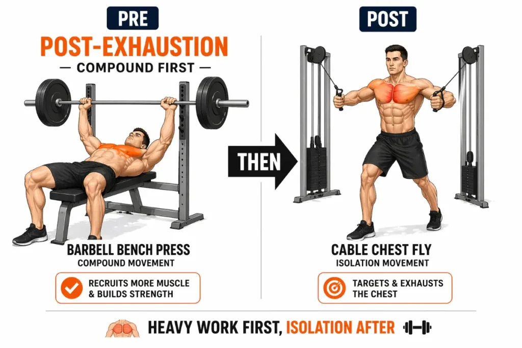 Post-exhaustion superset diagram showing bench press performed first followed by cable chest fly to maximise hypertrophy stimulus