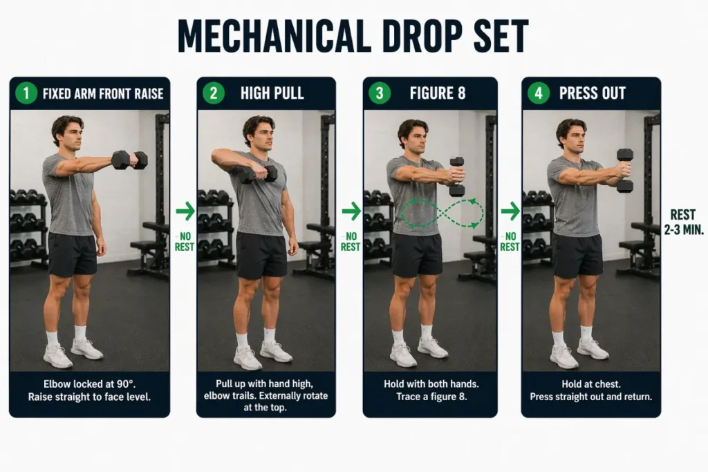 Mechanical drop set four-exercise sequence for shoulder hypertrophy