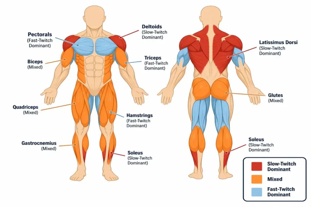 muscle fiber type body map fast twitch slow twitch dominance