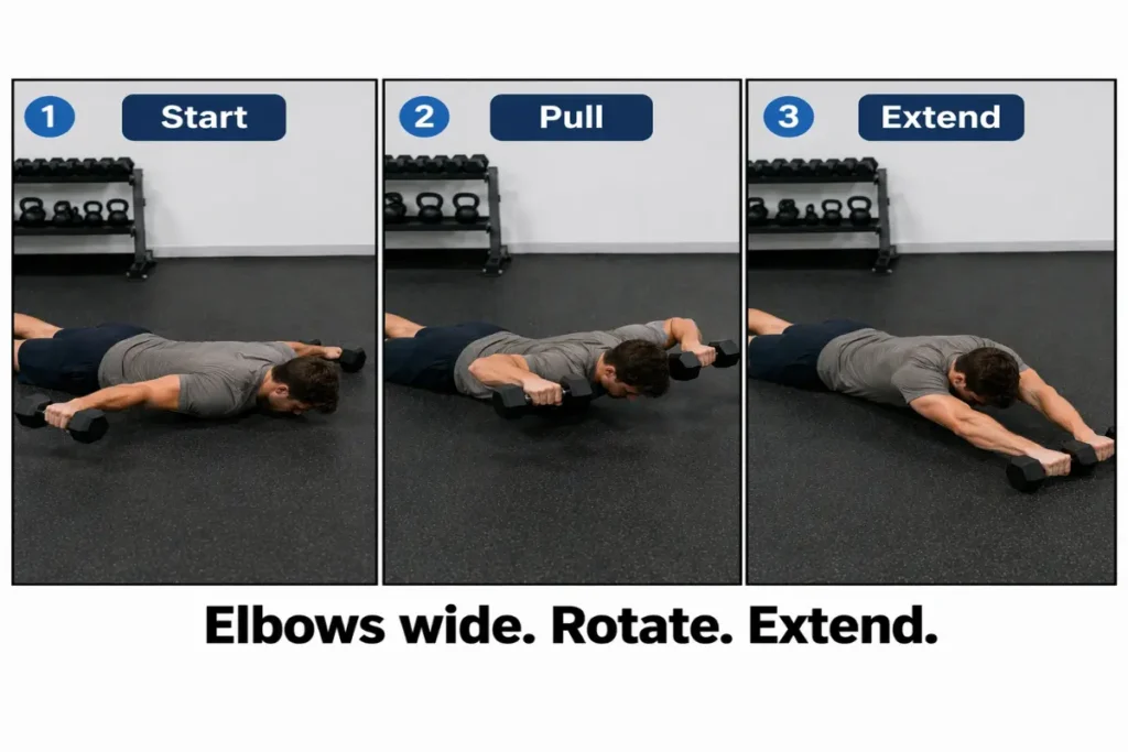 Prone floor press three-stage sequence as face pull substitute exercise