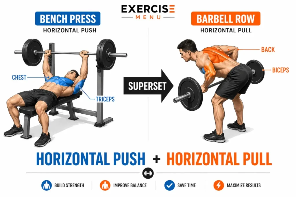 Push-pull superset diagram showing bench press paired with barbell row as antagonist muscle group training