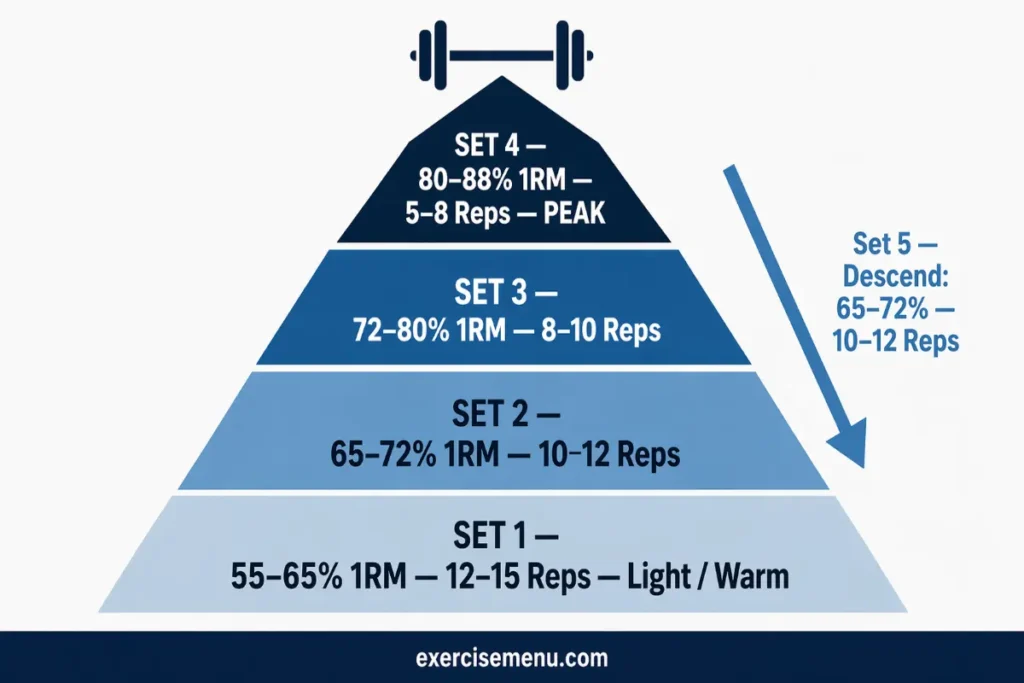 1RM percentage loading guide for pyramid sets showing weight and reps per set