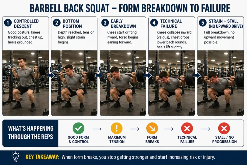 Lifter demonstrating knee cave and forward lean under heavy squat load