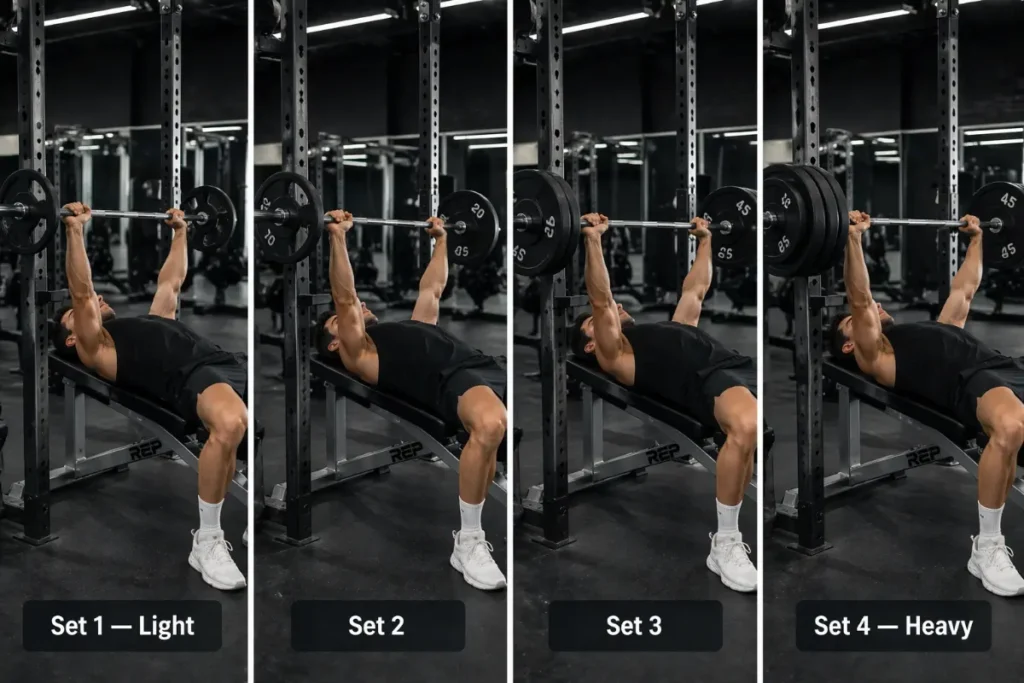 Athlete performing barbell bench press for pyramid sets training