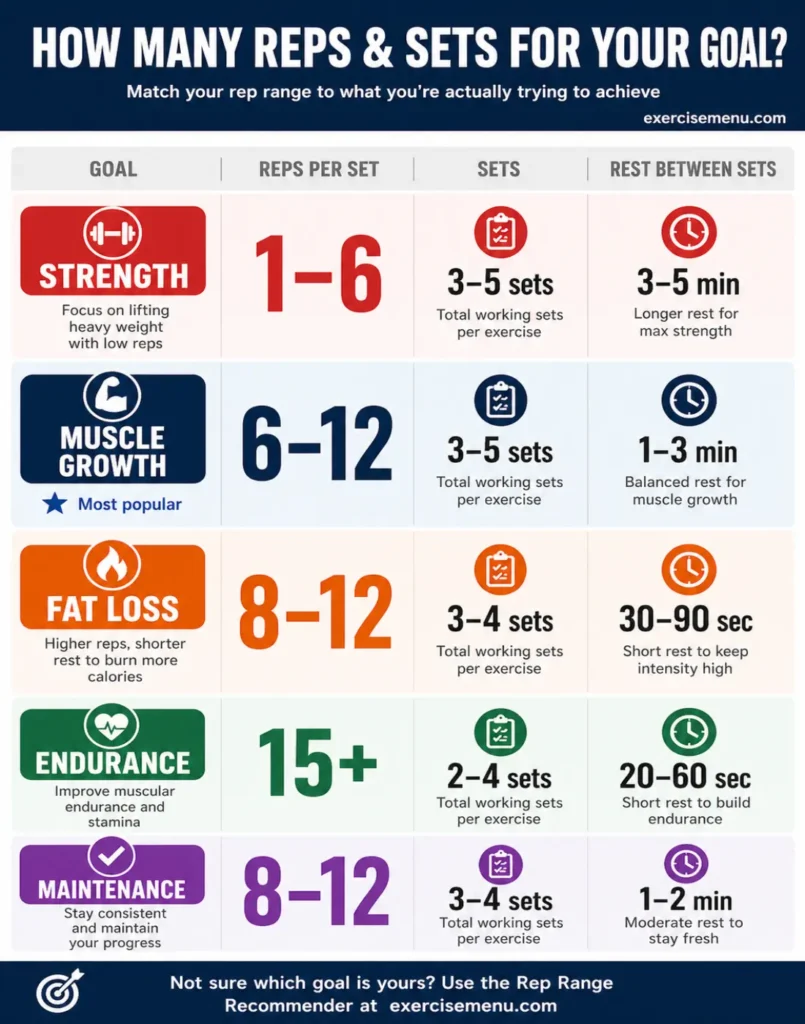 Rep ranges by fitness goal chart showing strength 1 to 6 reps, hypertrophy 6 to 12 reps, fat loss 8 to 12 reps, endurance 15 plus reps, and maintenance 8 to 12 reps with sets and rest periods