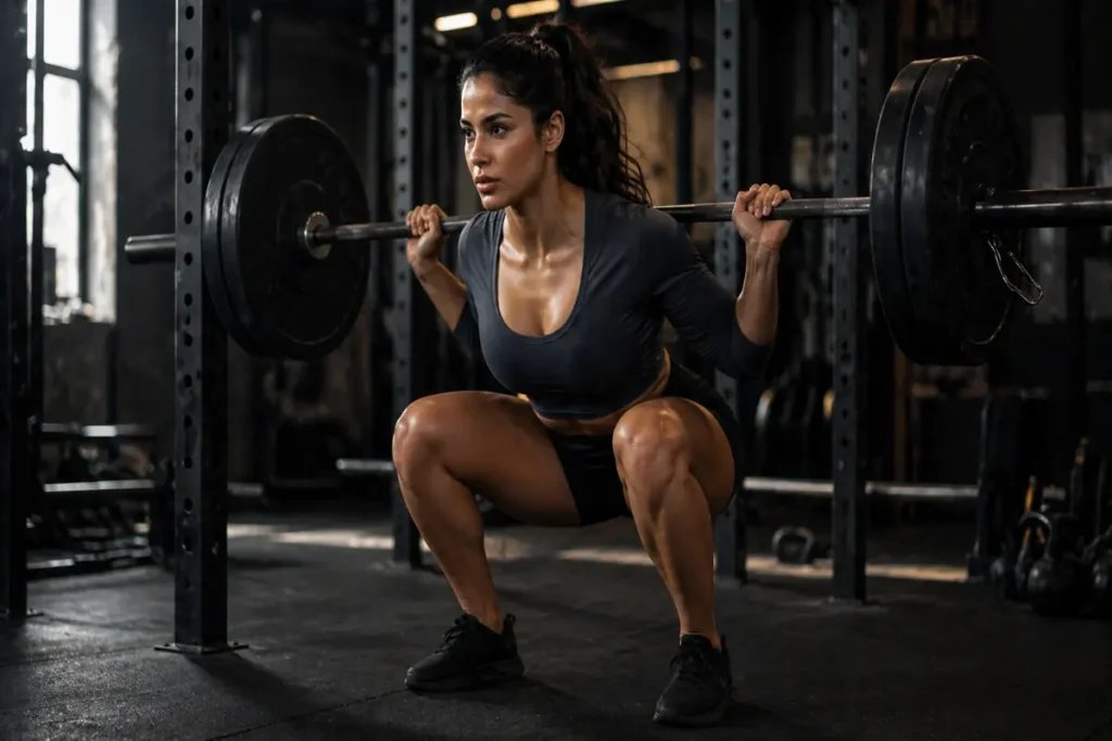 Woman performing a loaded barbell back squat in a gym, demonstrating proper strength training form for the reps and sets for women guide