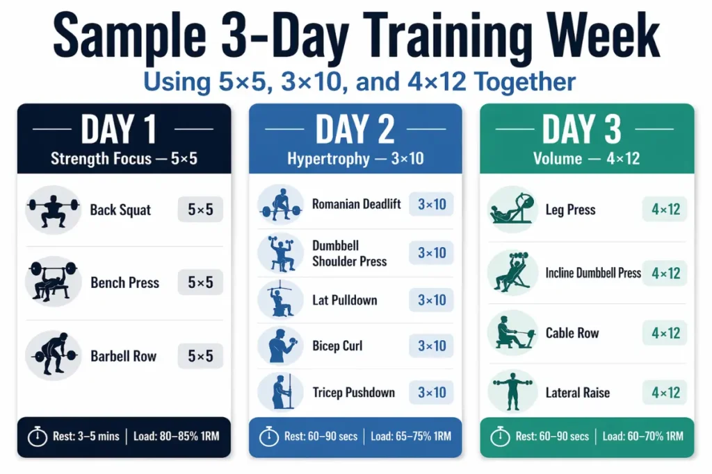 Sample 3-day training week using 5x5 strength focus on day 1, 3x10 hypertrophy on day 2, and 4x12 volume training on day 3