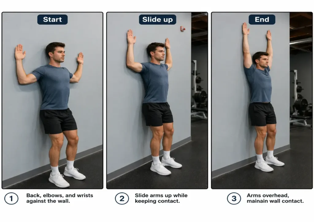 Three-step scapular wall slide exercise sequence demonstration
