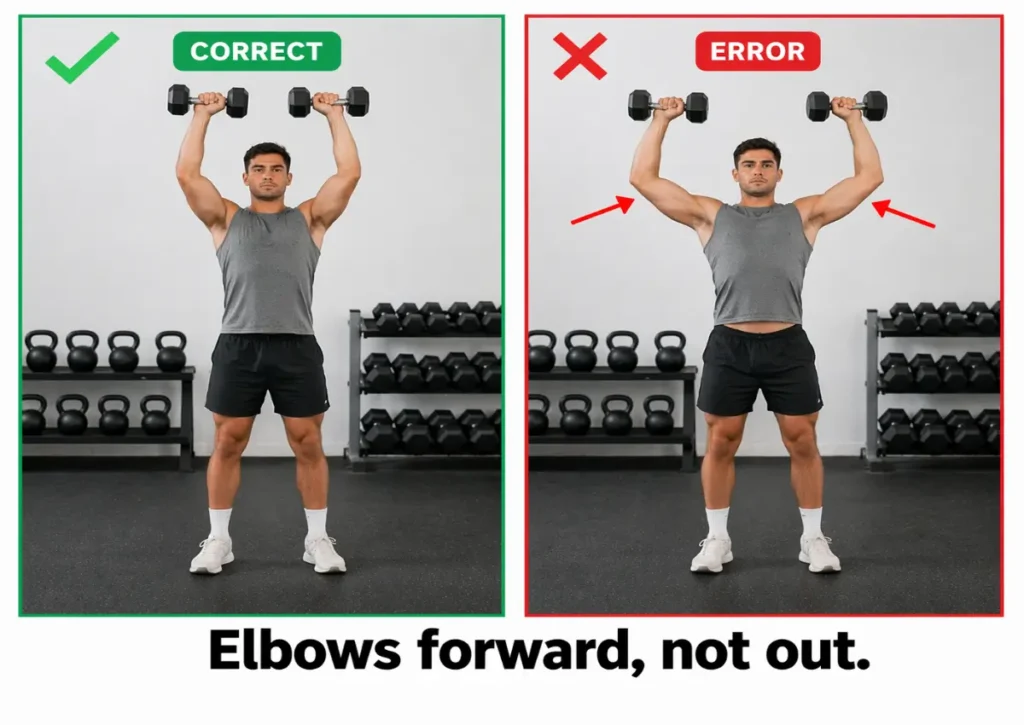 Standing dumbbell press correct elbow position versus flared elbow error