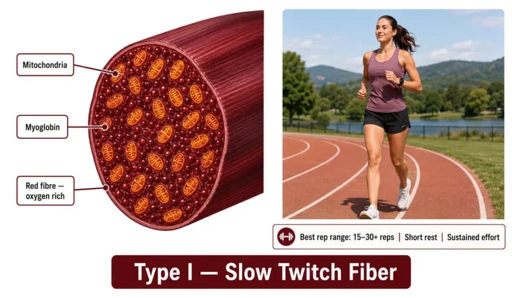 Type I slow twitch muscle fiber illustration showing 
mitochondria and myoglobin with a woman jogging — 
best for endurance training at 15 to 30 reps