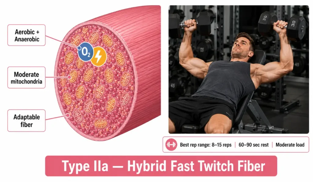Type 2 hybrid fast twitch muscle fiber illustration 
showing aerobic and anaerobic pathways with a man 
performing dumbbell bench press — best rep range 8 to 15