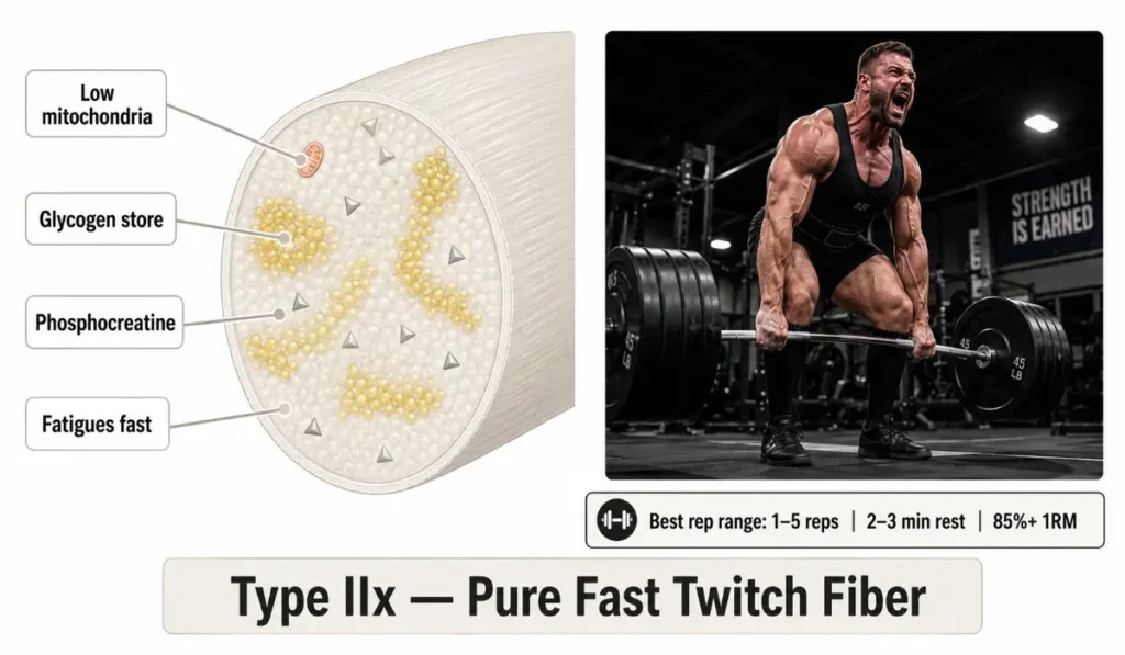 Type IIx pure fast twitch muscle fiber illustration 
showing glycogen and phosphocreatine stores with a 
powerlifter deadlifting at maximum load — 1 to 5 reps