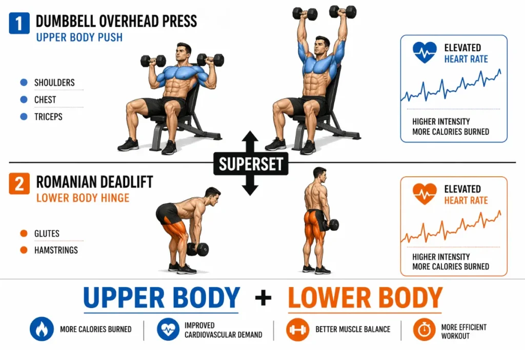Upper-lower superset diagram showing overhead press paired with Romanian deadlift to elevate cardiovascular demand during strength training