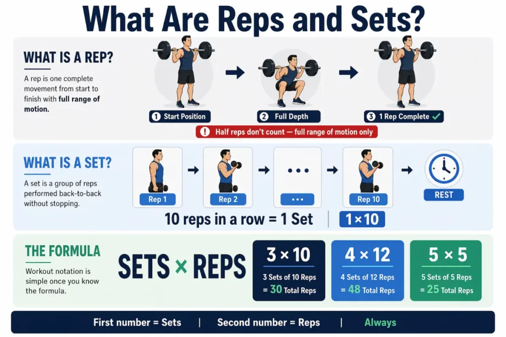 Infographic explaining what are reps and sets —
Section 1 shows a 3-step barbell squat illustration
demonstrating one complete rep from start position
to full depth and back up. Section 2 shows a dumbbell
curl sequence from rep 1 to rep 10 followed by rest,
explaining one set. Section 3 shows the Sets x Reps
formula with examples 3x10 equals 30 total reps,
4x12 equals 48 total reps, and 5x5 equals 25 total reps