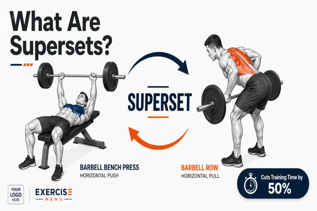 Supersets training guide showing two exercises performed back to back to cut gym time without losing muscle building volume