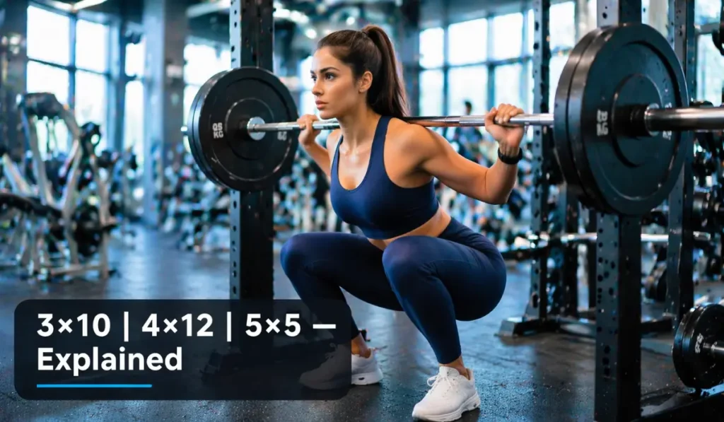 What Does 3×10, 4×12, or 5×5 Mean in a Workout? (Complete Guide) Athlete performing barbell back squat in gym — understanding workout notation 3x10 4x12 5x5