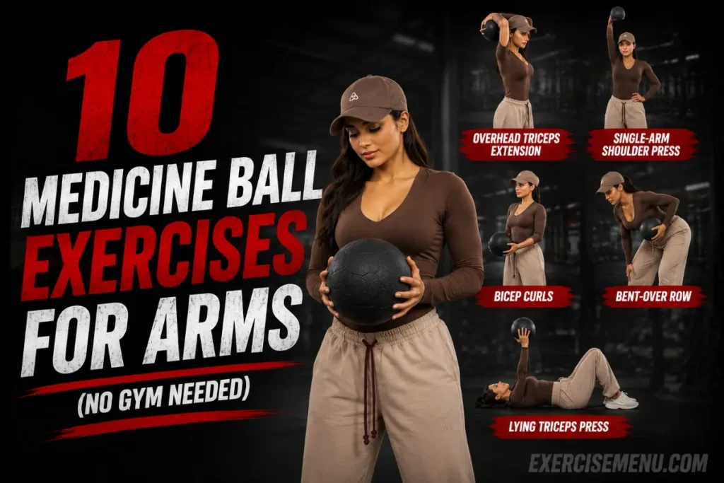 10 Medicine Ball Exercises for Arms (No Gym Needed) Featured fitness blog image showing a woman holding a medicine ball with preview thumbnails of arm exercises and the title 10 Medicine Ball Exercises for Arms on a clean white background.
