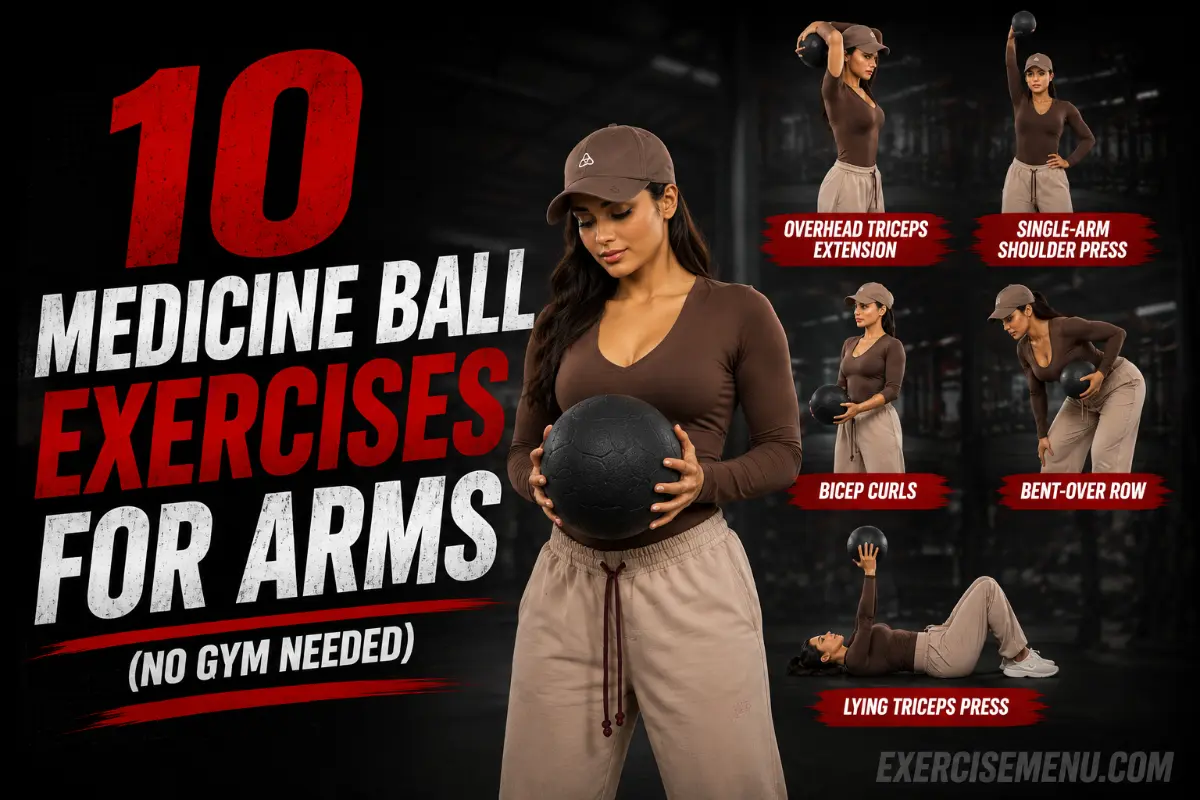 Featured fitness blog image showing a woman holding a medicine ball with preview thumbnails of arm exercises and the title 10 Medicine Ball Exercises for Arms on a clean white background.