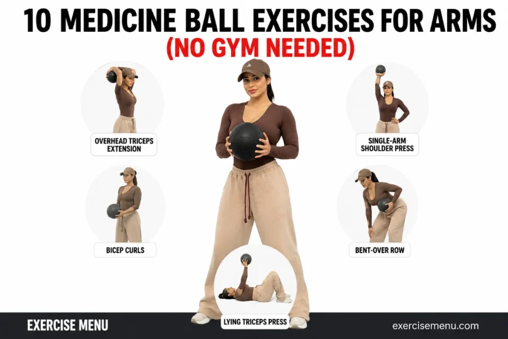 Featured fitness blog image showing a woman holding a medicine ball with preview thumbnails of arm exercises and the title 10 Medicine Ball Exercises for Arms on a clean white background.