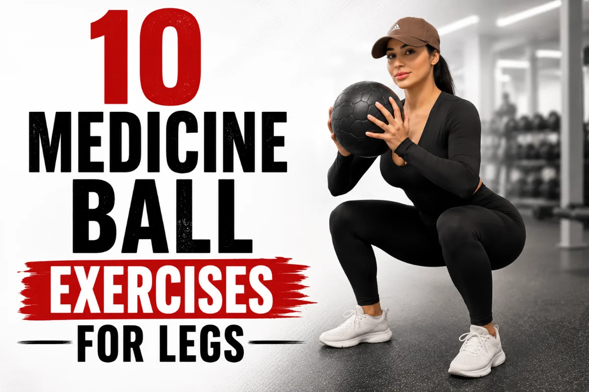 Collage of 10 medicine ball leg exercises demonstrated by an athletic woman in a modern gym.