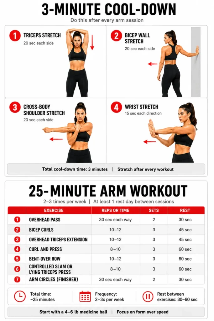 Professional 25-minute medicine ball arm workout infographic featuring exercise sets, reps, rest periods, and a 3-minute cool-down stretching routine on a clean white background.