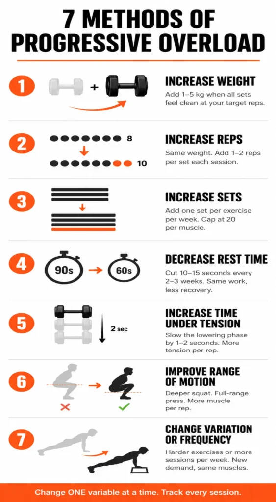 Vertical infographic explaining seven methods of progressive overload, including increasing weight, reps, sets, reducing rest time, increasing time under tension, improving range of motion, and changing exercise variation or frequency.