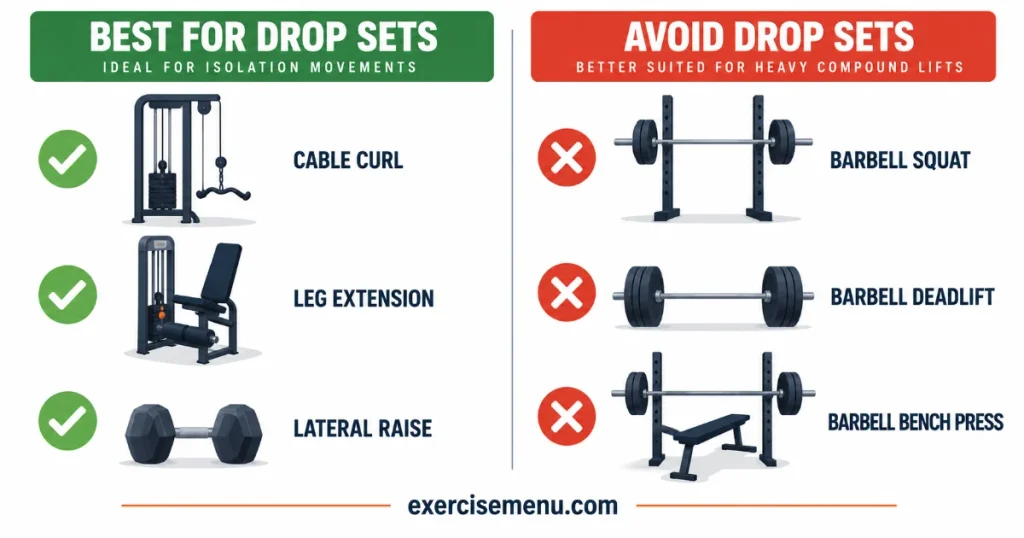 Drop set exercise infographic comparing exercises suited for drop sets, including cable curls, leg extensions, and lateral raises, with barbell squats, deadlifts, and bench presses shown as exercises to avoid.
