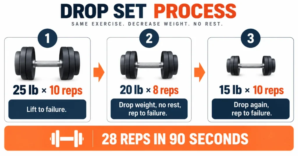 Drop set process infographic showing 25 lb × 10 reps, 20 lb × 8 reps, and 15 lb × 10 reps with no rest between weight drops, totaling 28 reps in 90 seconds