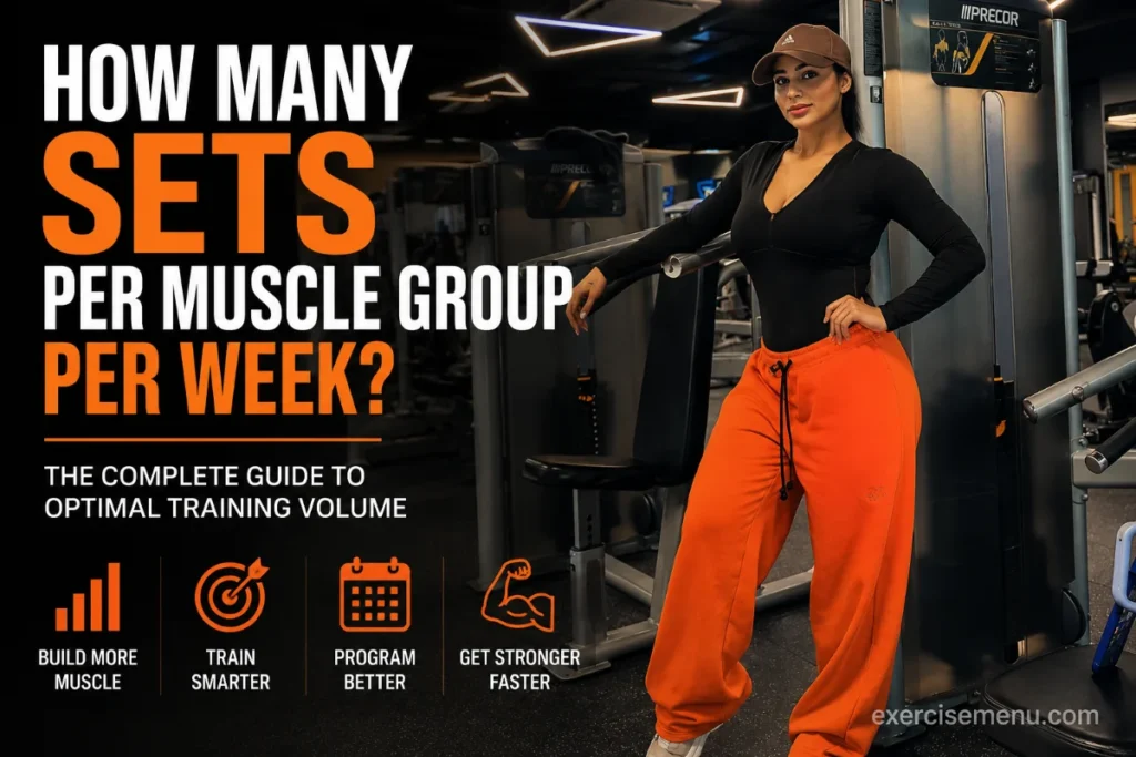Focused woman in black and orange workout clothes standing in a modern gym beside bold fitness title text about weekly sets per muscle group.