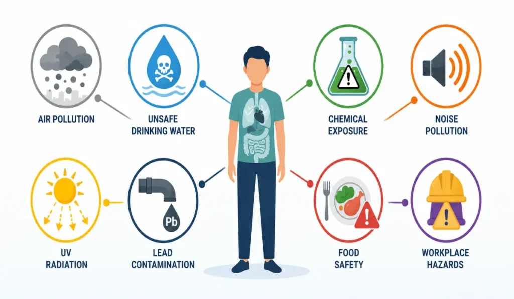 Infographic illustrating key environmental factors that affect human health including air pollution, unsafe water, chemical exposure, noise, UV radiation, lead, and food safety